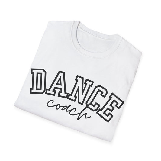 White cotton t-shirt with ’dance’ in bold black outlined letters and ’coach’ scripted below.