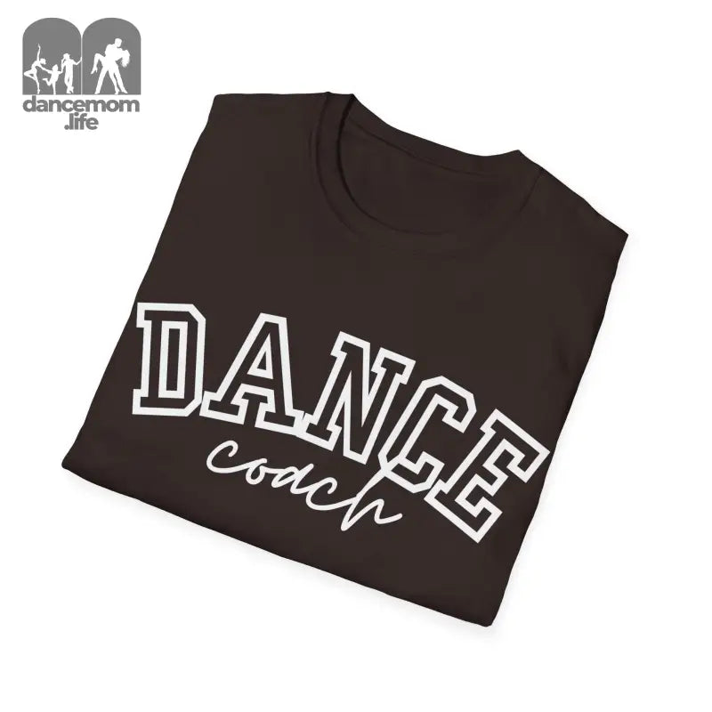 Black t-shirt with ’DANCE coach’ text printed in white lettering.