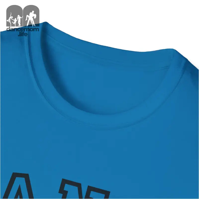 Bright blue t-shirt with a partial black text or design visible at the bottom.