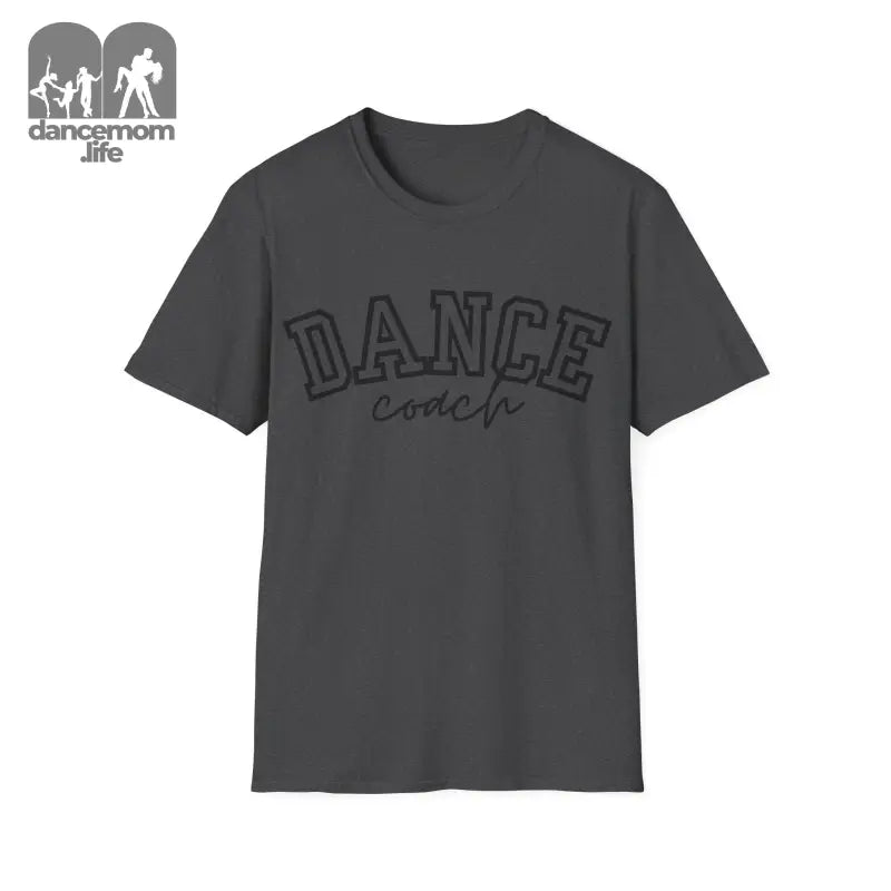 Dark gray t-shirt with ’DANCE’ text printed in outlined letters.