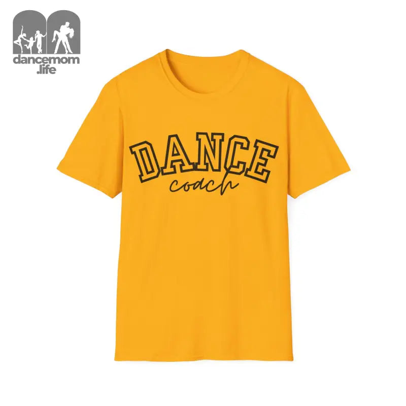 Yellow t-shirt with ’DANCE coach’ text printed in black outline lettering.