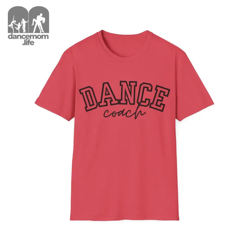 Red t-shirt with ’DANCE coach’ text printed in black letters.