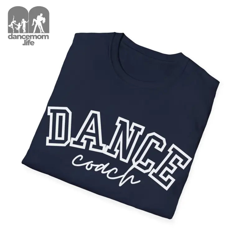 Navy blue t-shirt with ’DANCE coach’ text in white lettering.