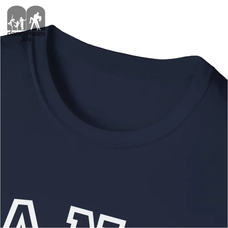 Navy blue t-shirt with white text visible at the bottom edge.