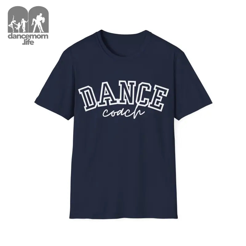 Navy blue t-shirt with ’DANCE coach’ text printed in white letters.