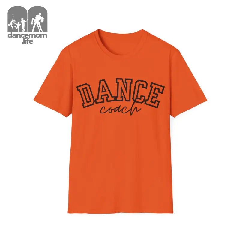 Orange t-shirt with ’DANCE’ text printed in black outline lettering.