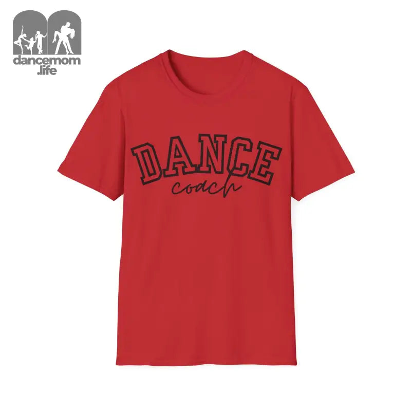 Red t-shirt with ’DANCE coach’ text printed in black letters.