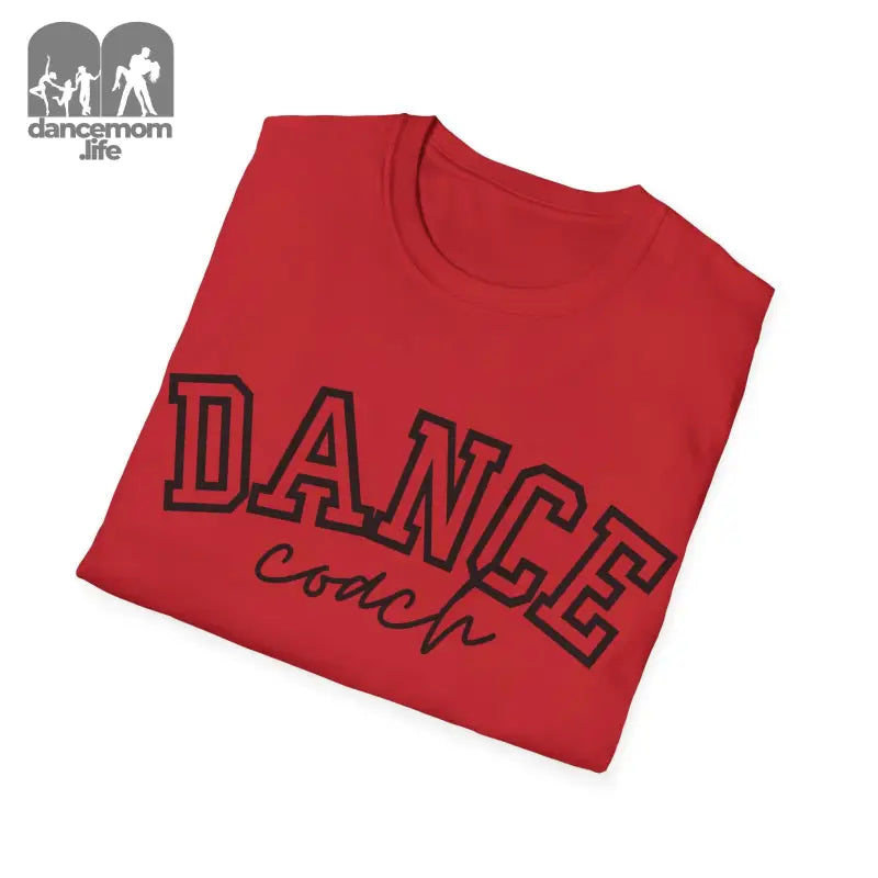 Red t-shirt with ’DANCE coach’ text printed in black letters.