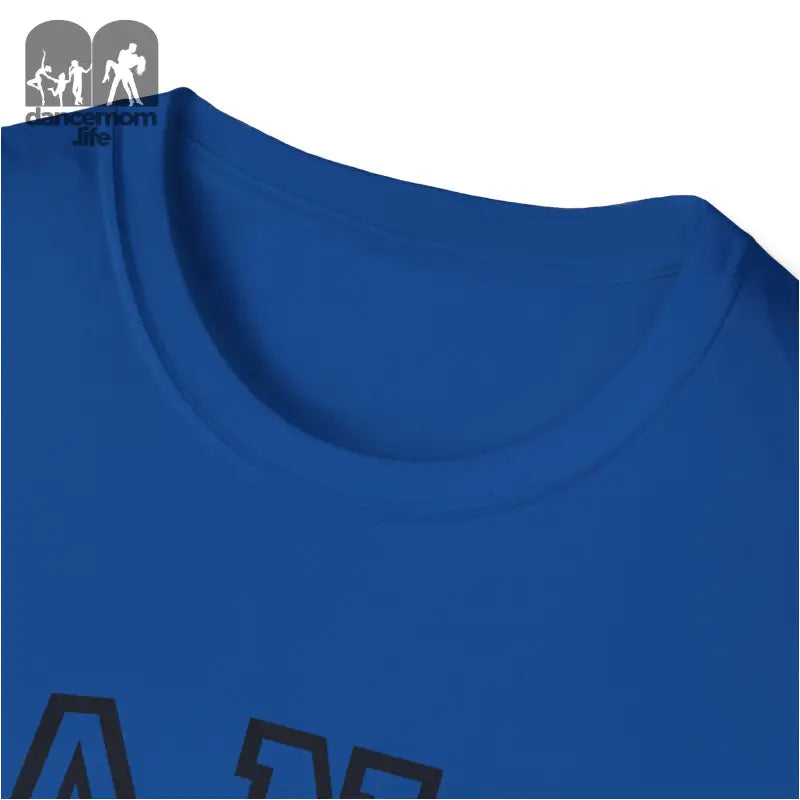 Royal blue crew neck t-shirt with partial black text visible.