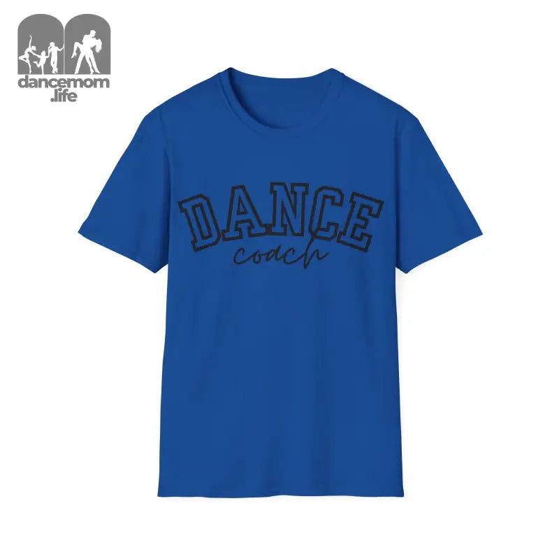 Royal blue t-shirt with ’DANCE’ text printed in black outline lettering.