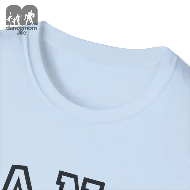 White crew neck t-shirt with partial black text visible.