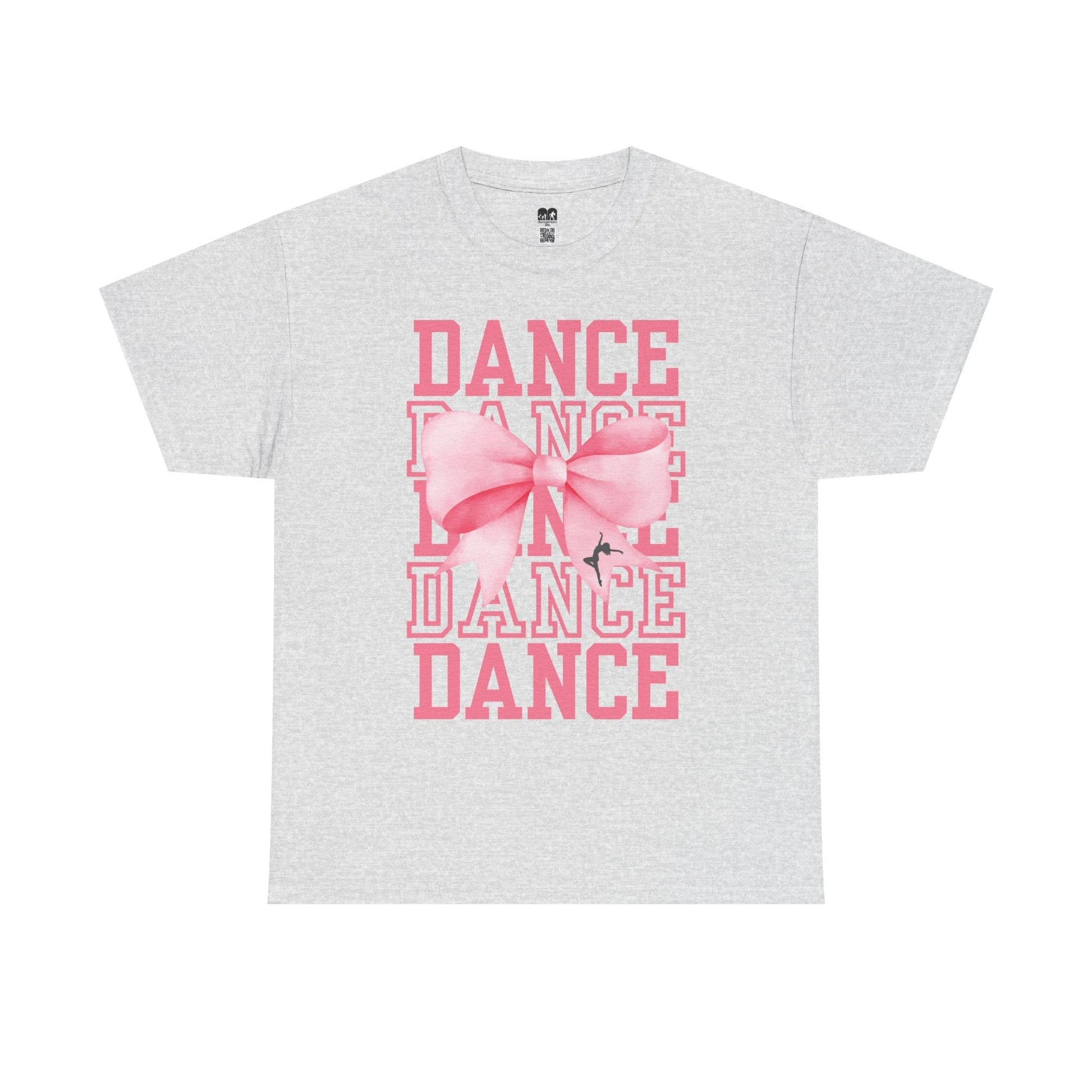 A heather gray short-sleeved t-shirt featuring a bold pink ’dance’ graphic with layered text and a large bow design.