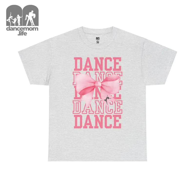 White t-shirt with pink ’DANCE’ text and bow design.