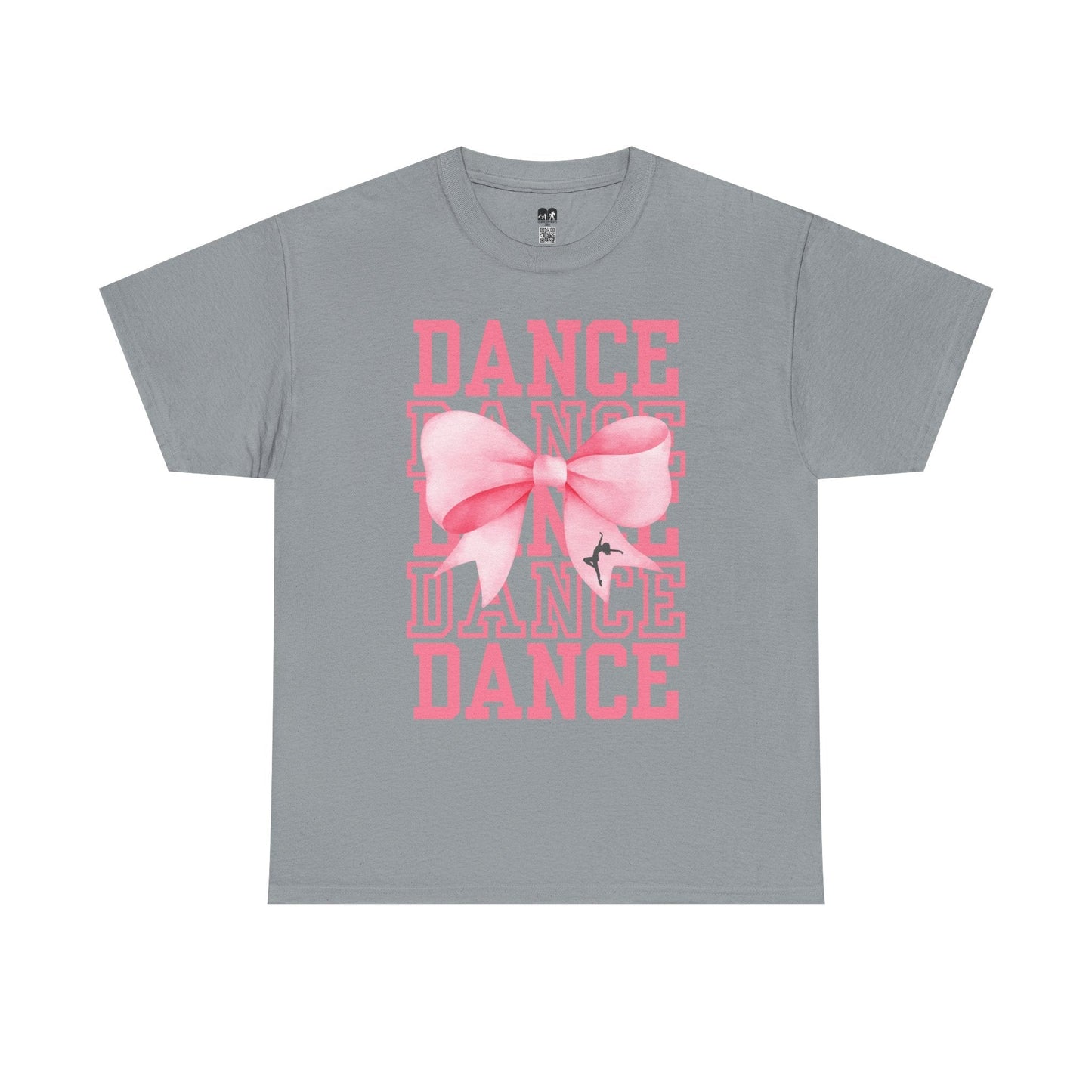 Gray cotton t-shirt featuring a pink ’dance’ graphic with layered text and a large bow design.