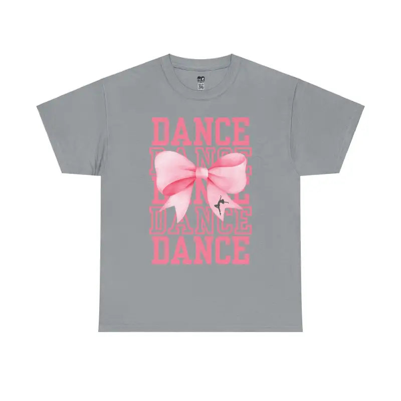 Grey t-shirt with pink ’DANCE’ text and bow design.