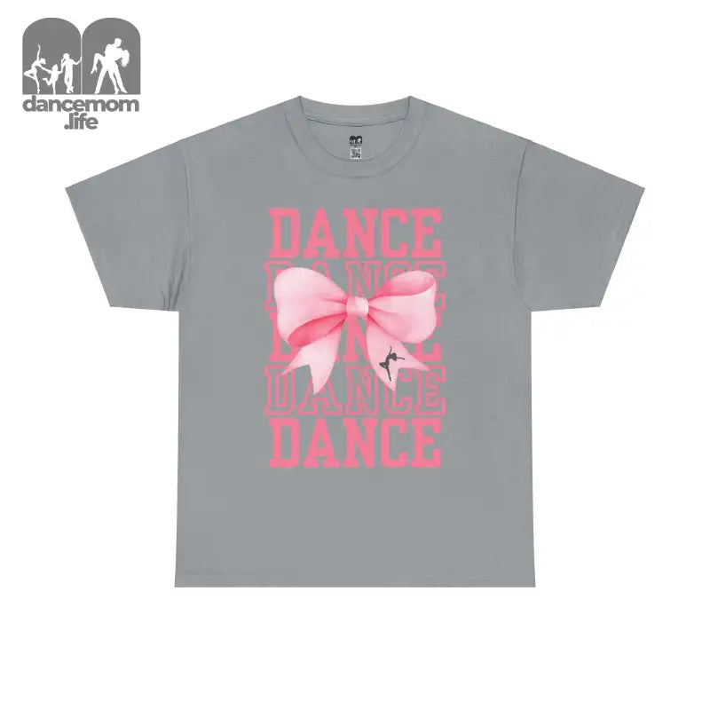 Grey t-shirt with pink ’DANCE’ text and bow design.