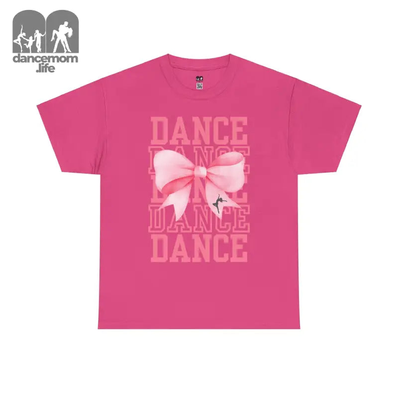 Pink t-shirt with ’DANCE’ text and bow design printed on it.