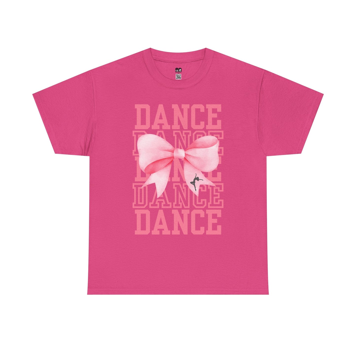 A vibrant pink short-sleeved t-shirt featuring a large watercolor-style bow graphic with the word ’dance’ repeated in faded text behind it.