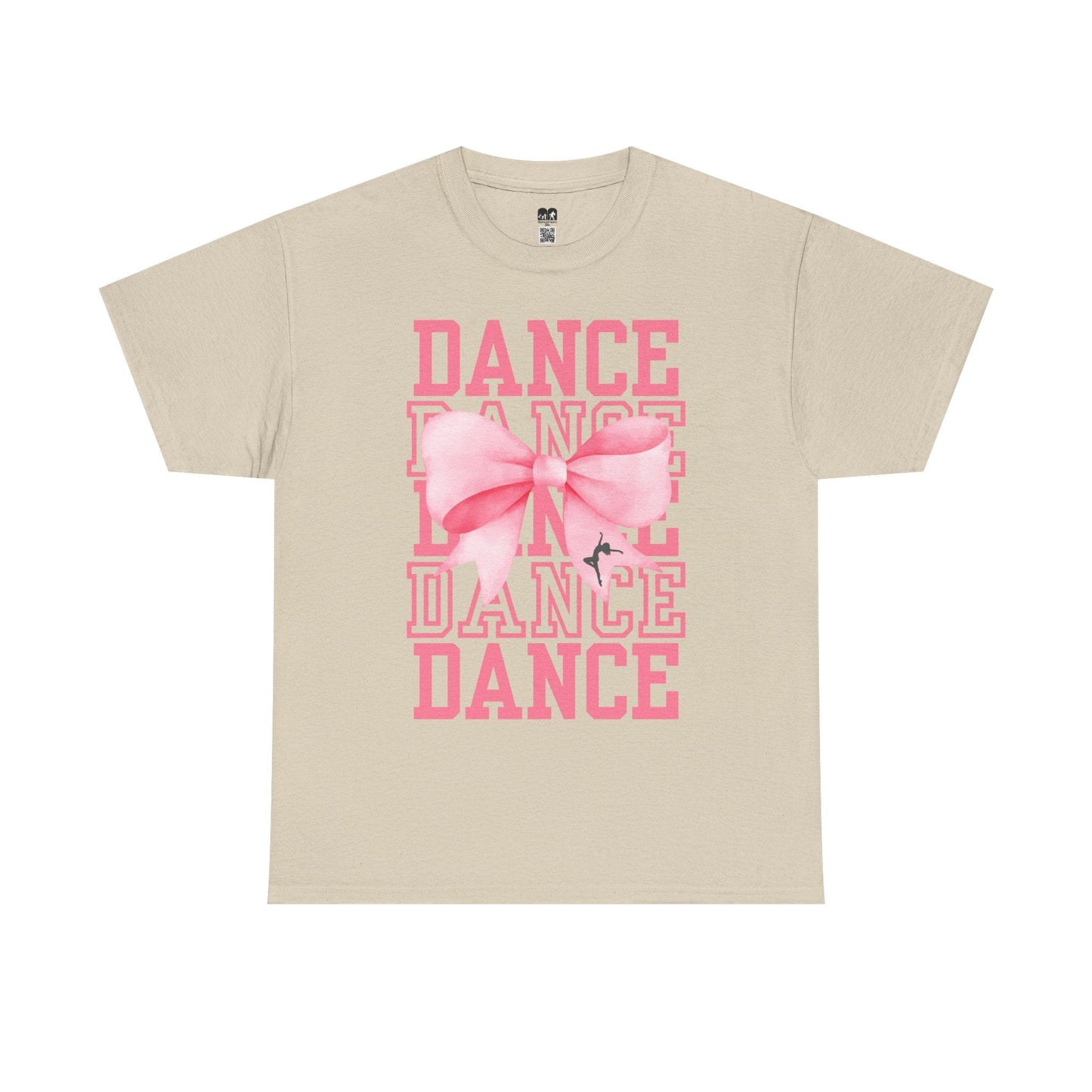 Beige short-sleeved t-shirt featuring a bold pink ’dance’ graphic with layered text and a large, detailed bow design.