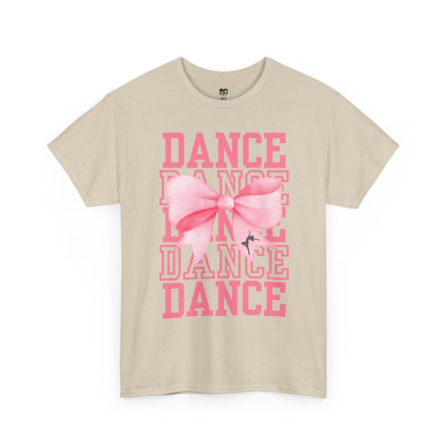 Beige short-sleeved t-shirt featuring a pink ’dance’ graphic with layered text and a large bow design.
