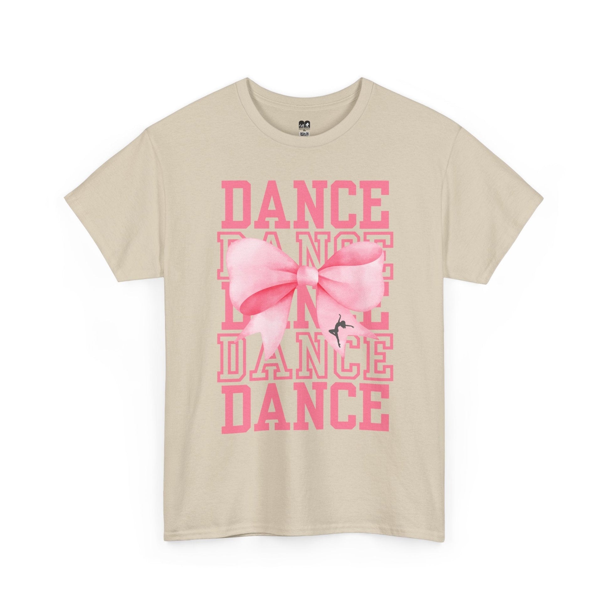 Beige short-sleeved t-shirt featuring a pink ’dance’ graphic with layered text and a large bow design.