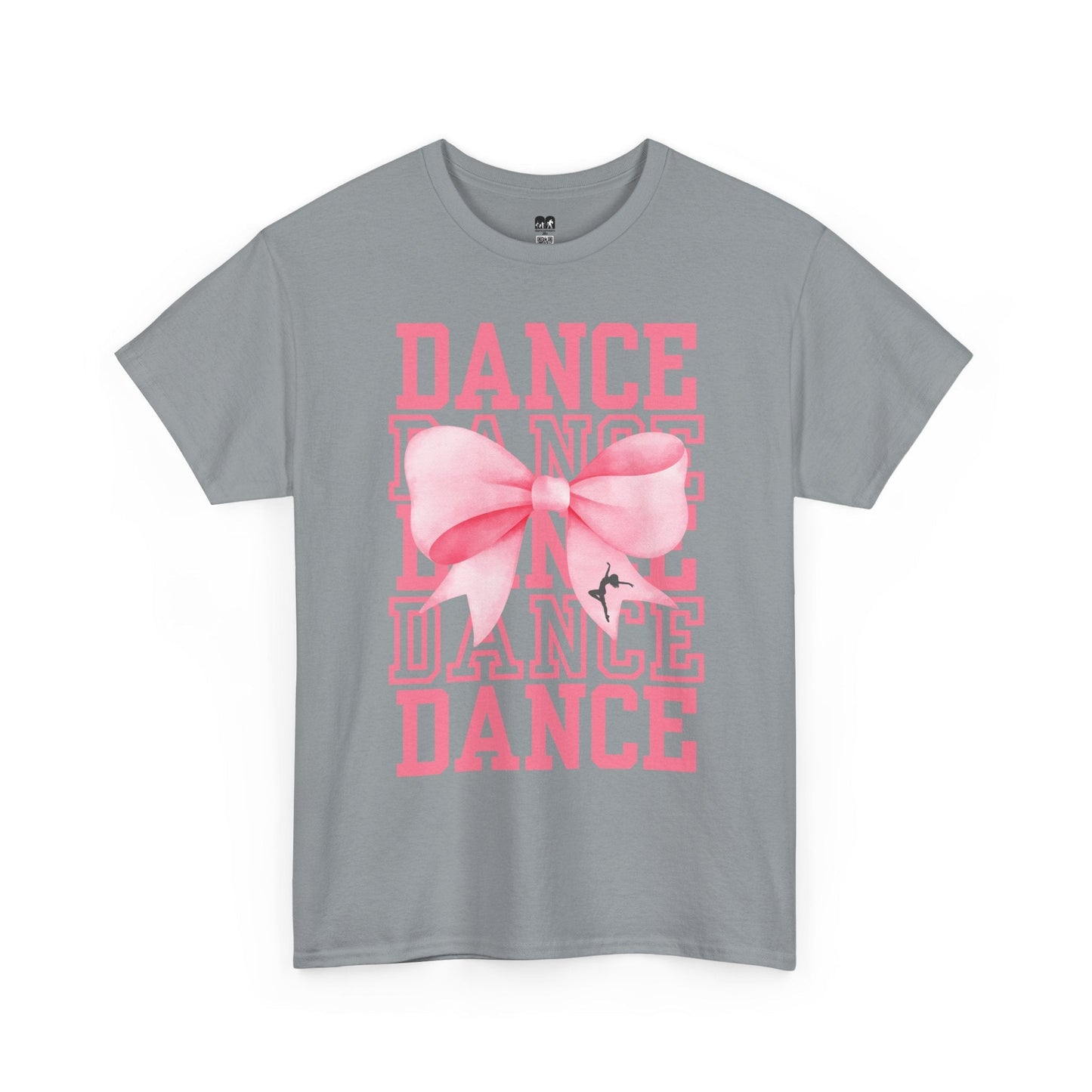 Gray cotton t-shirt featuring a bold pink ’dance’ graphic with layered text and a large, soft-pink bow design centered on the front.