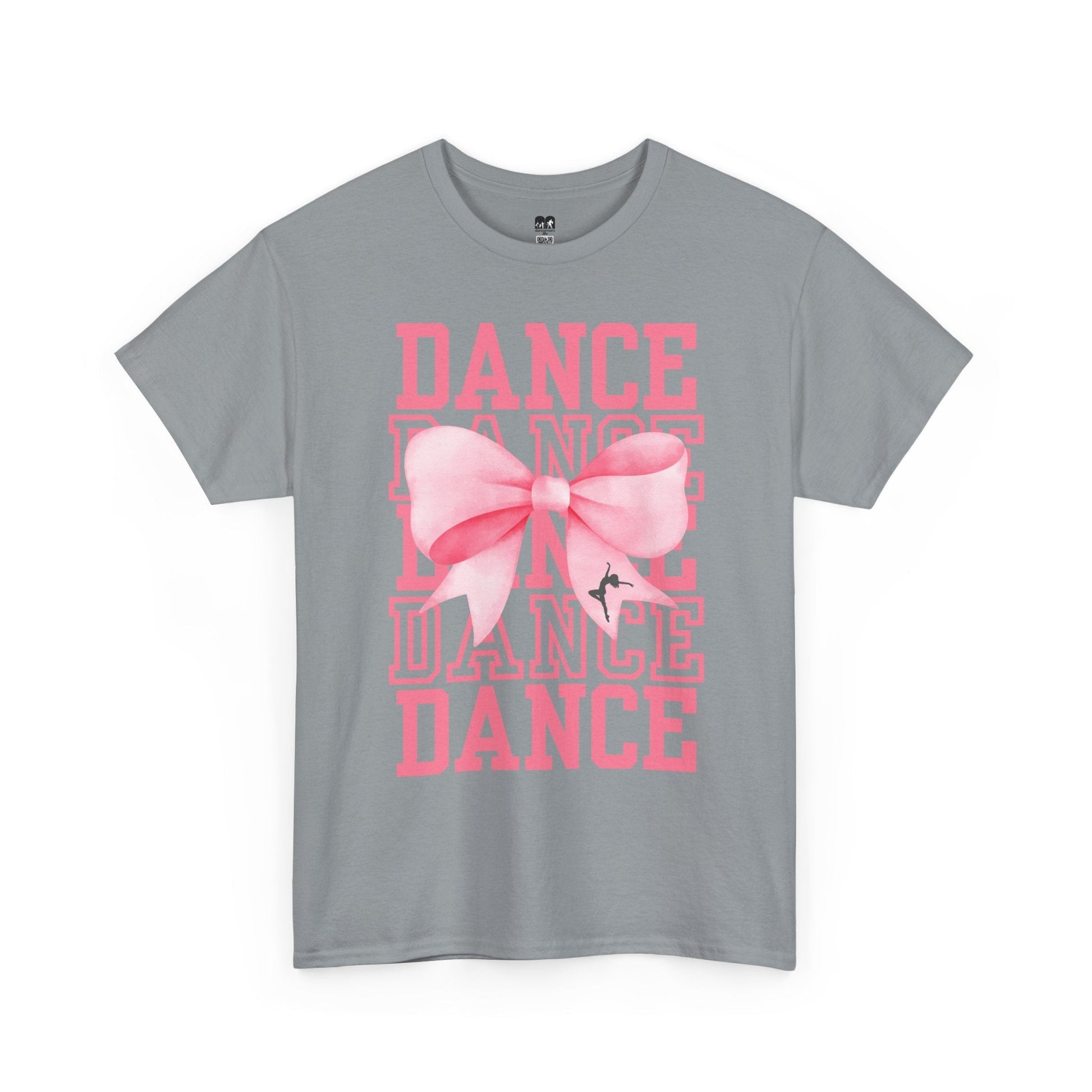Gray cotton t-shirt featuring a bold pink ’dance’ graphic with layered text and a large, soft-pink bow design centered on the front.