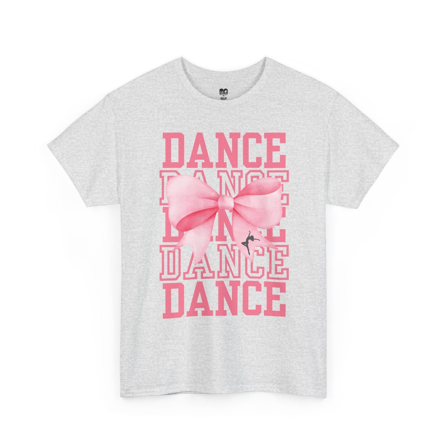 A heather gray short-sleeved t-shirt featuring a bold pink ’dance’ graphic with layered text and a large, soft-looking pink bow centered over it.