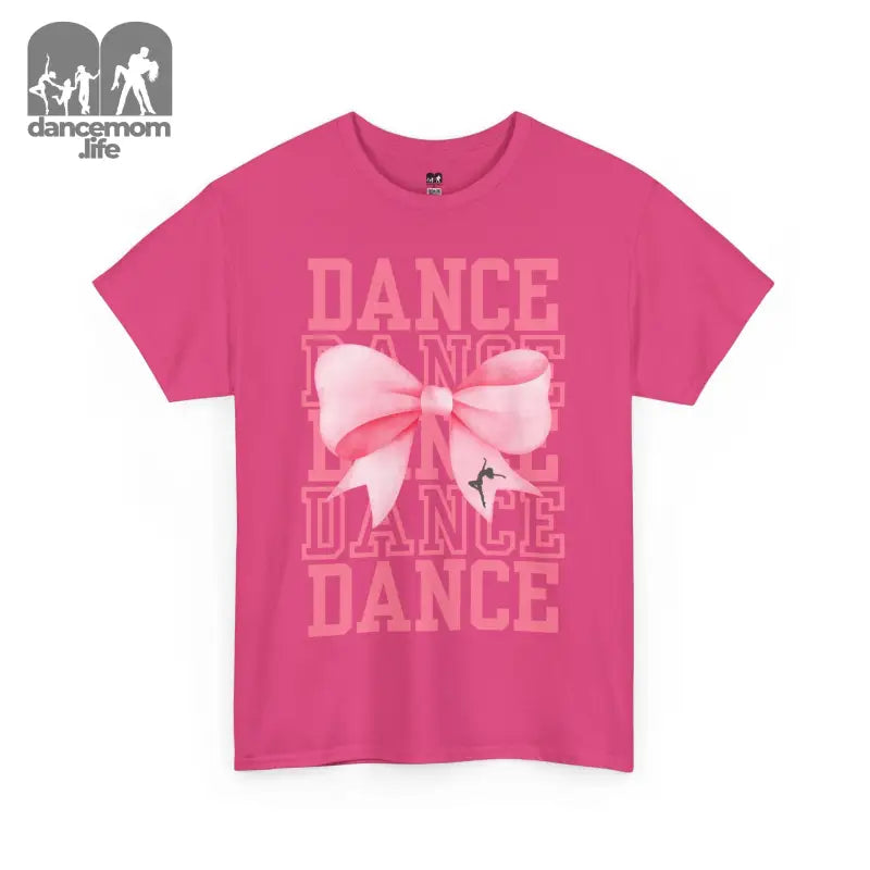 Pink t-shirt with ’DANCE’ text and bow graphic design.