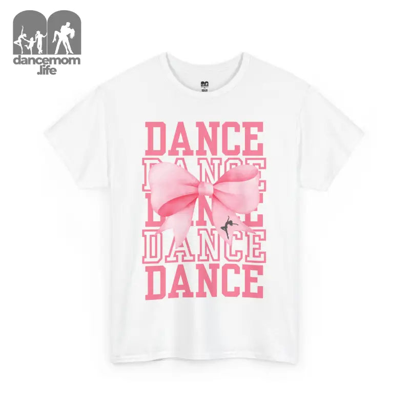 White t-shirt with pink ’DANCE’ text and bow design printed on the front.