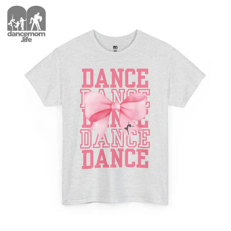 White t-shirt with pink ’DANCE’ text and bow design.