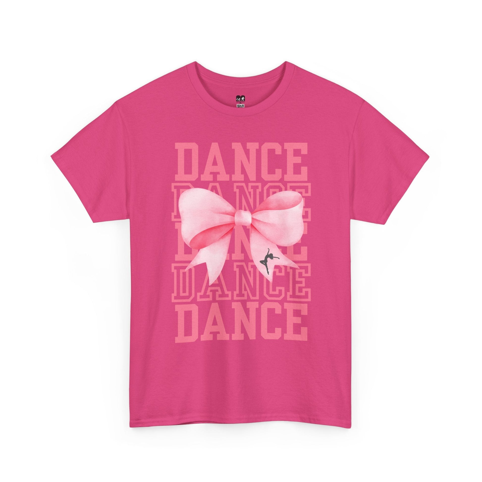 A vibrant pink short-sleeved t-shirt featuring a large, watercolor-style bow graphic and the word ’dance’ repeated in faded lettering behind it.