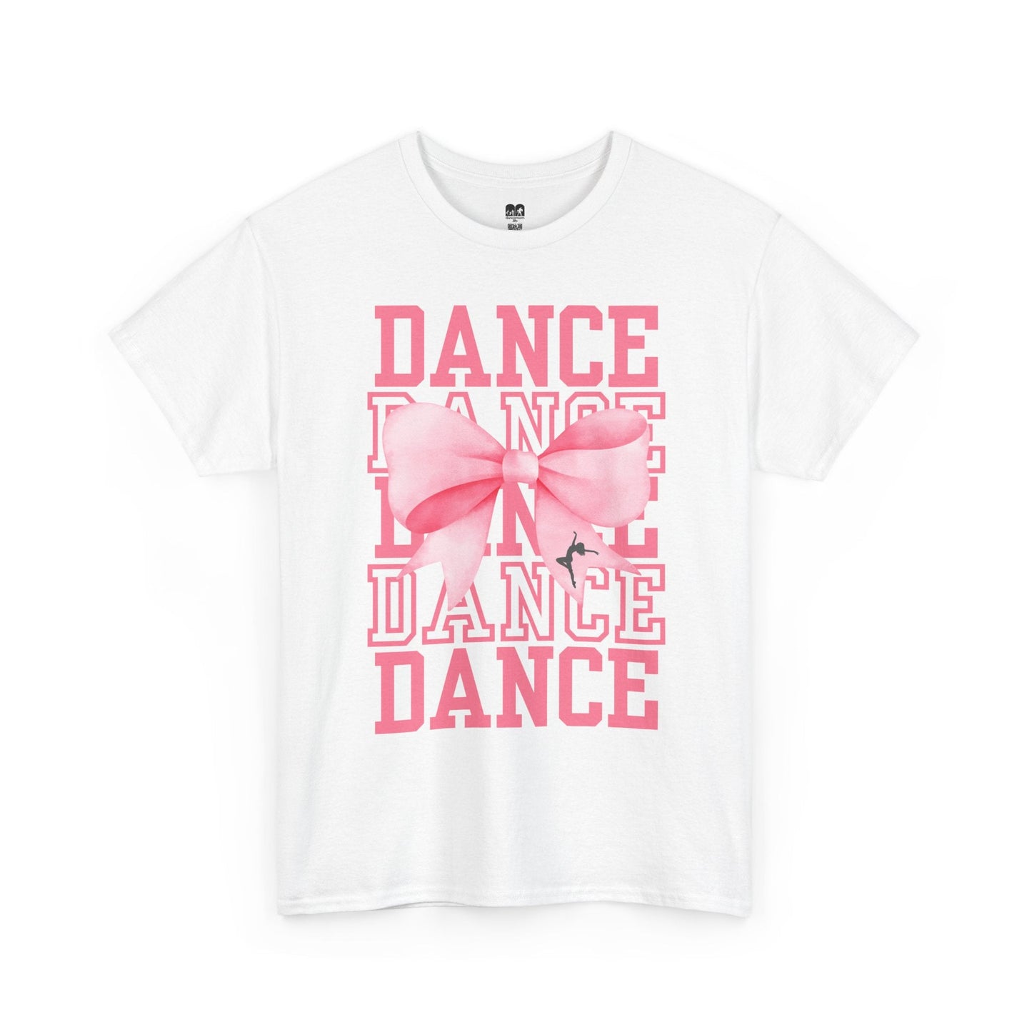 White cotton t-shirt featuring a bold pink ’dance’ graphic with layered text and a large, watercolor-style bow design centered on the front.