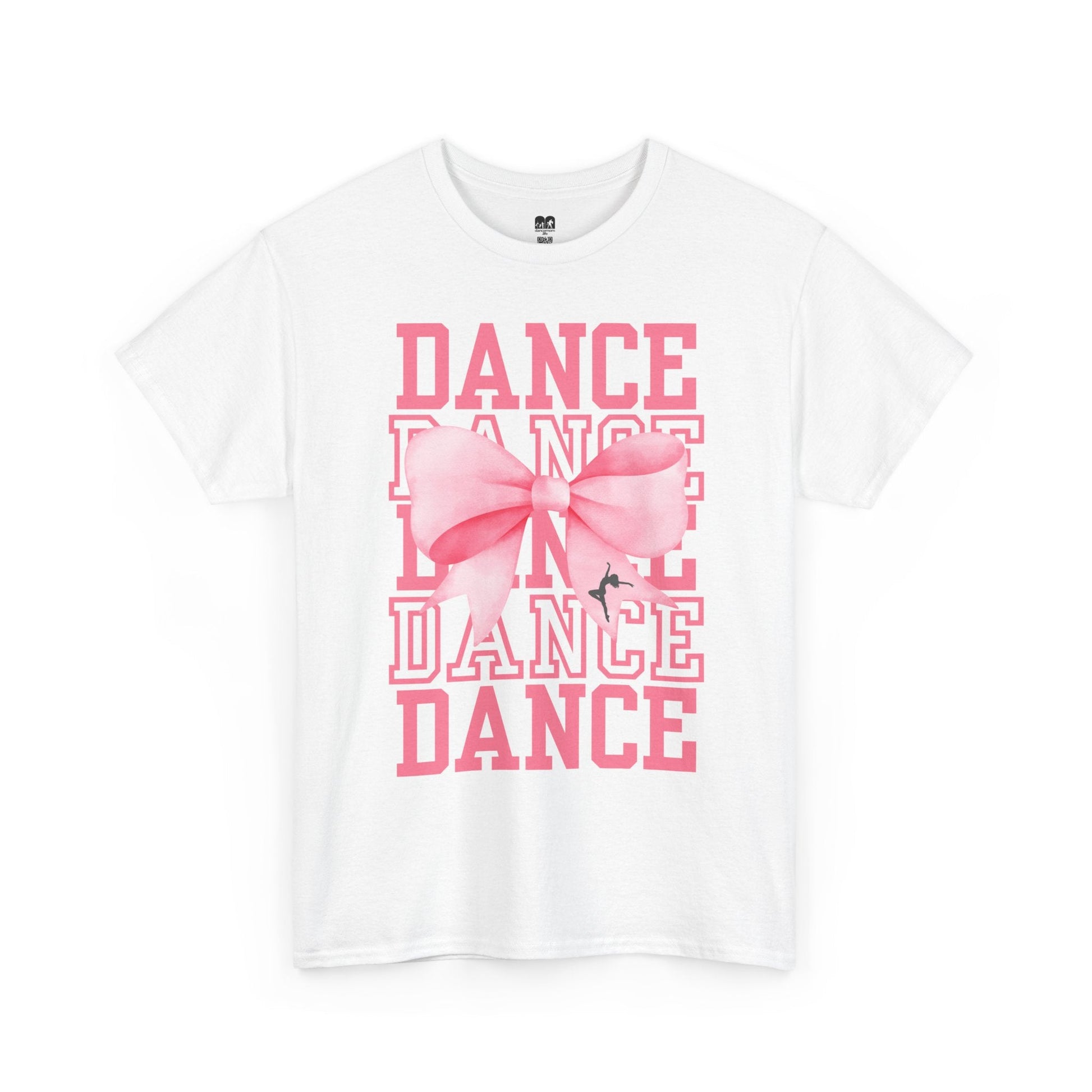 White cotton t-shirt featuring a bold pink ’dance’ graphic with layered text and a large, watercolor-style bow design centered on the front.