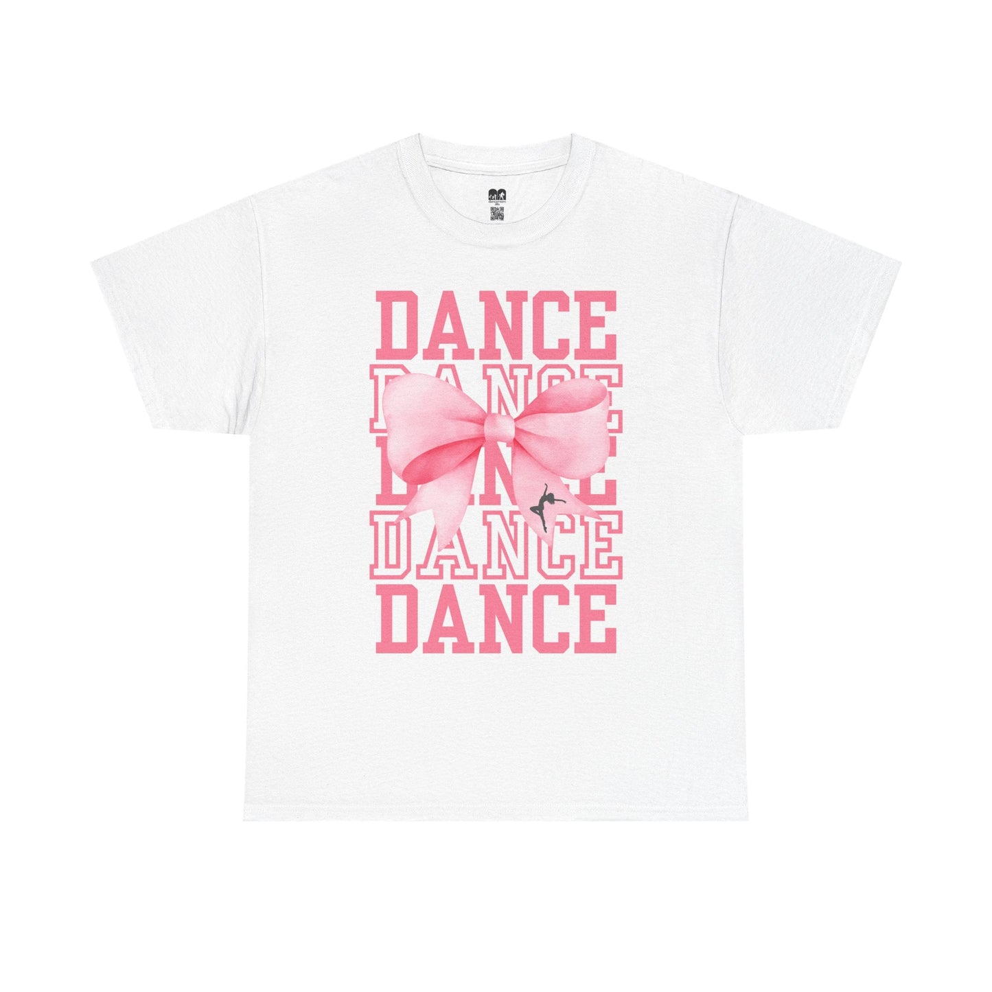 White cotton t-shirt featuring a bold pink ’dance’ graphic with layered text and a large bow design.