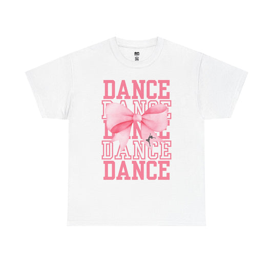 White cotton t-shirt featuring a bold pink ’dance’ graphic with layered text and a large bow design.