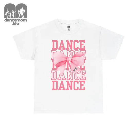 White t-shirt with pink ’DANCE’ text and bow design printed on the front.