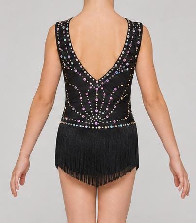 Dance Costume Leotard | AB Rhinestone Fringe | Girls Size 8 | Latin Jazz Performance - "Black Ice"