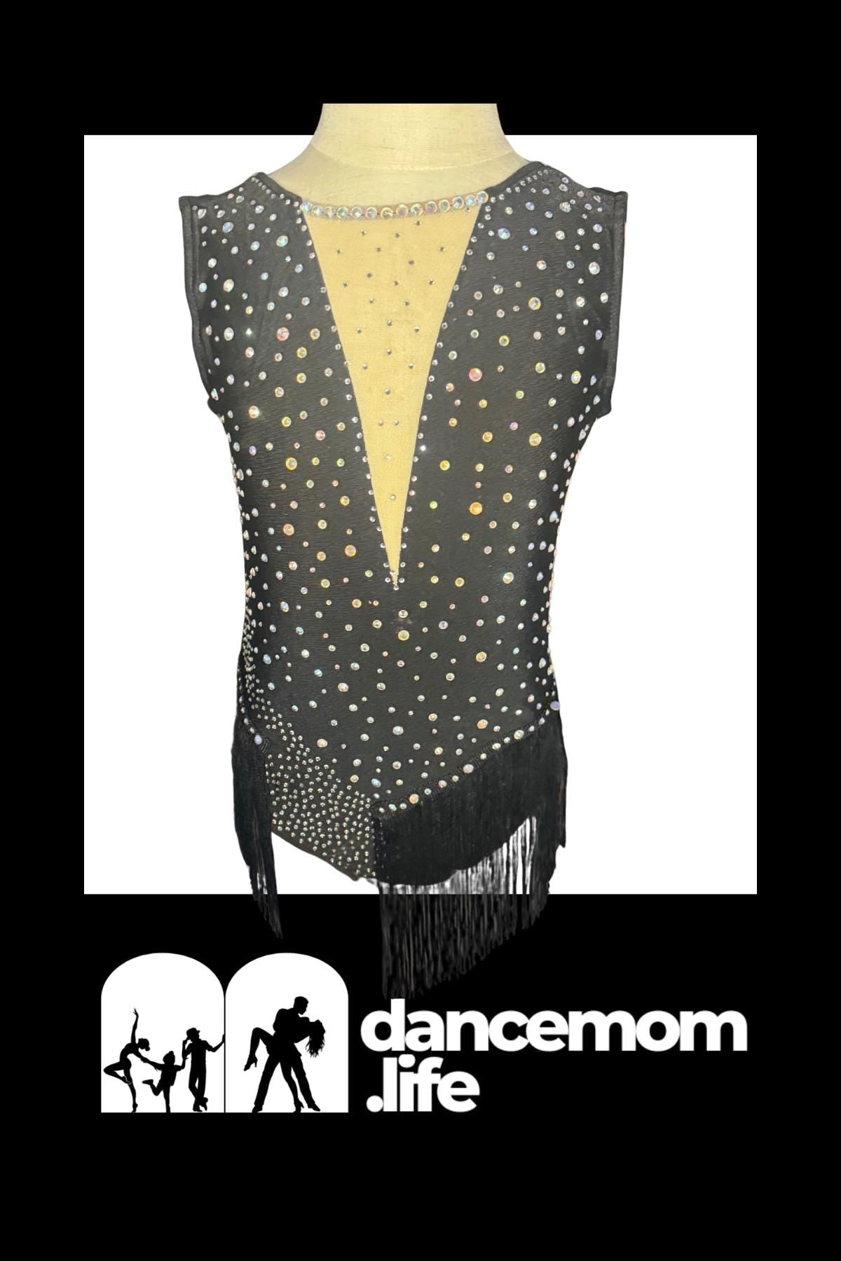 Dance Costume Leotard | AB Rhinestone Fringe | Girls Size 8 | Latin Jazz Performance - "Black Ice"