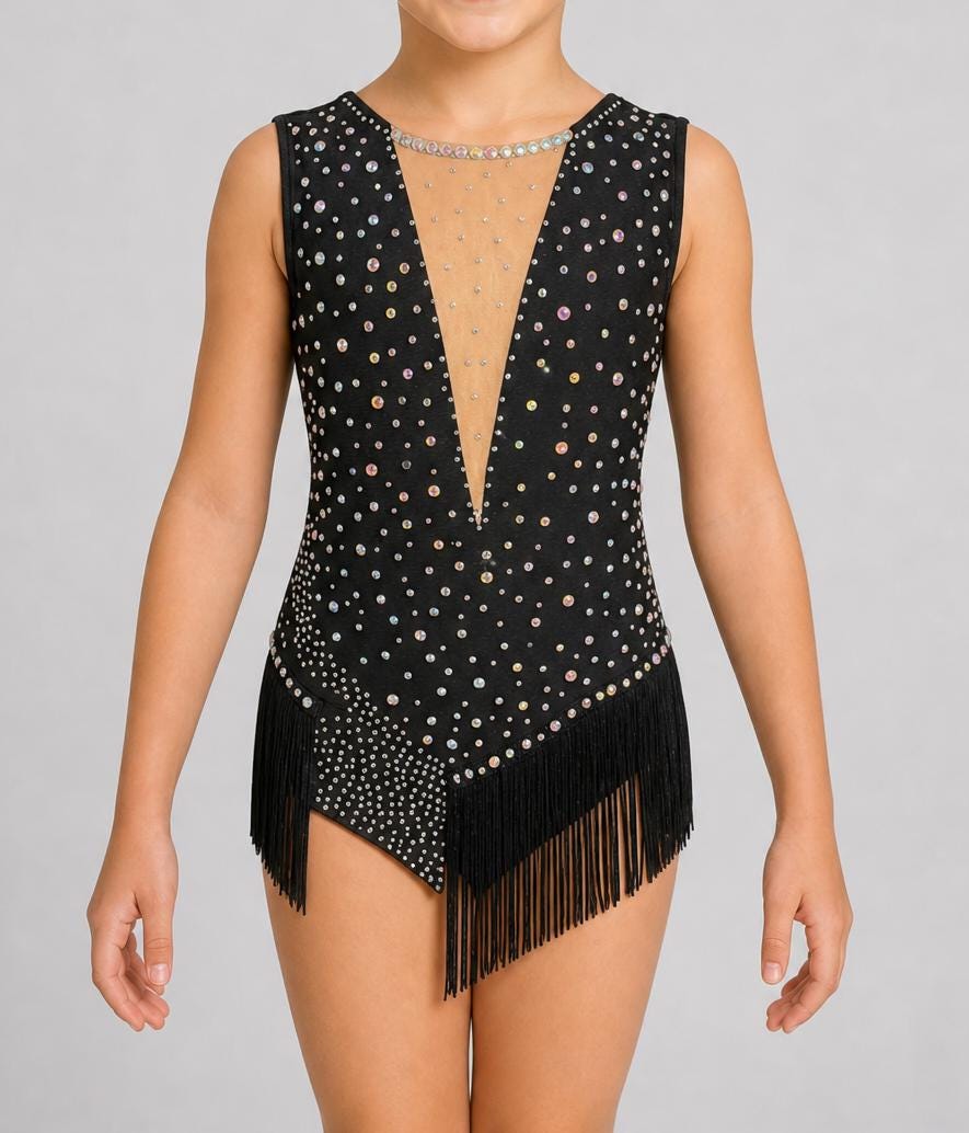 Dance Costume Leotard | AB Rhinestone Fringe | Girls Size 8 | Latin Jazz Performance - "Black Ice"