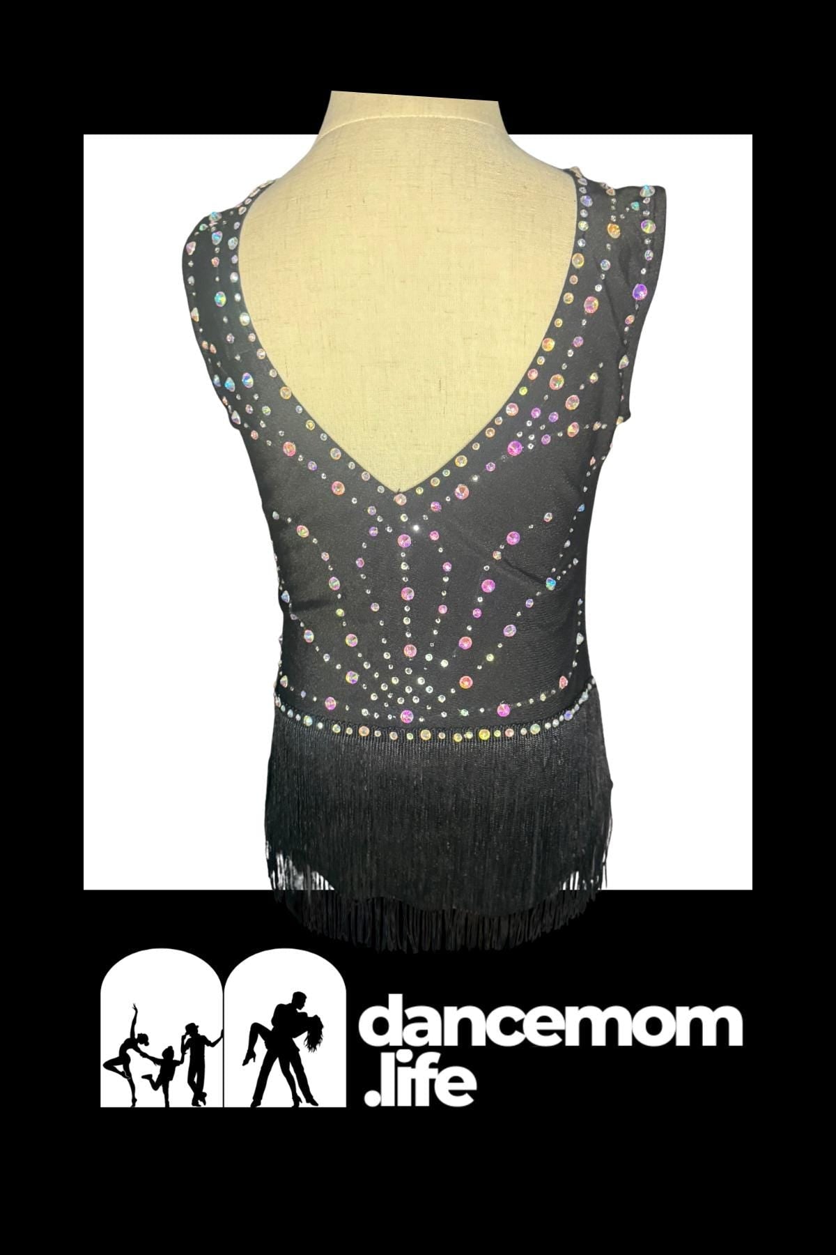 Dance Costume Leotard | AB Rhinestone Fringe | Girls Size 8 | Latin Jazz Performance - "Black Ice"