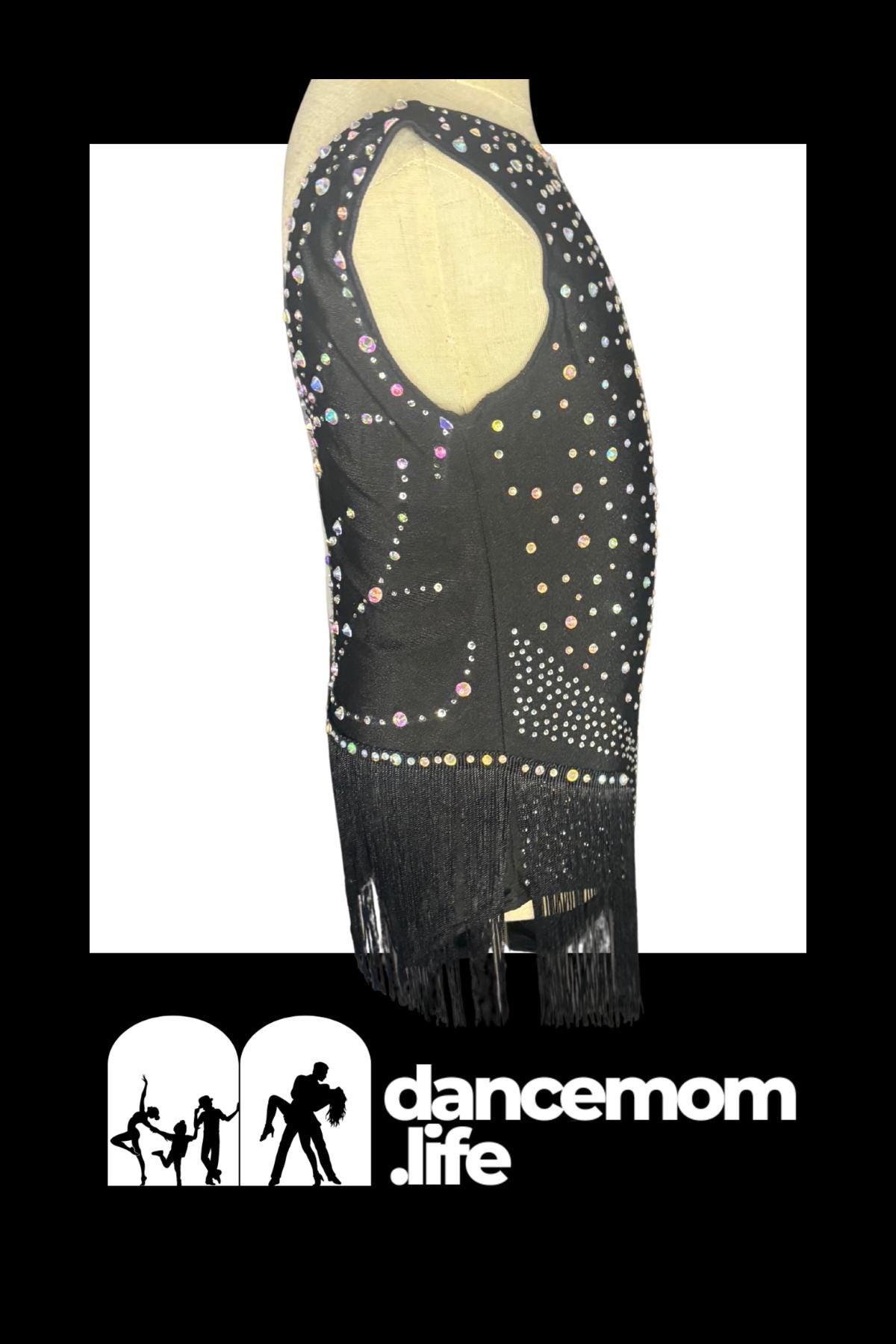 Dance Costume Leotard | AB Rhinestone Fringe | Girls Size 8 | Latin Jazz Performance - "Black Ice"