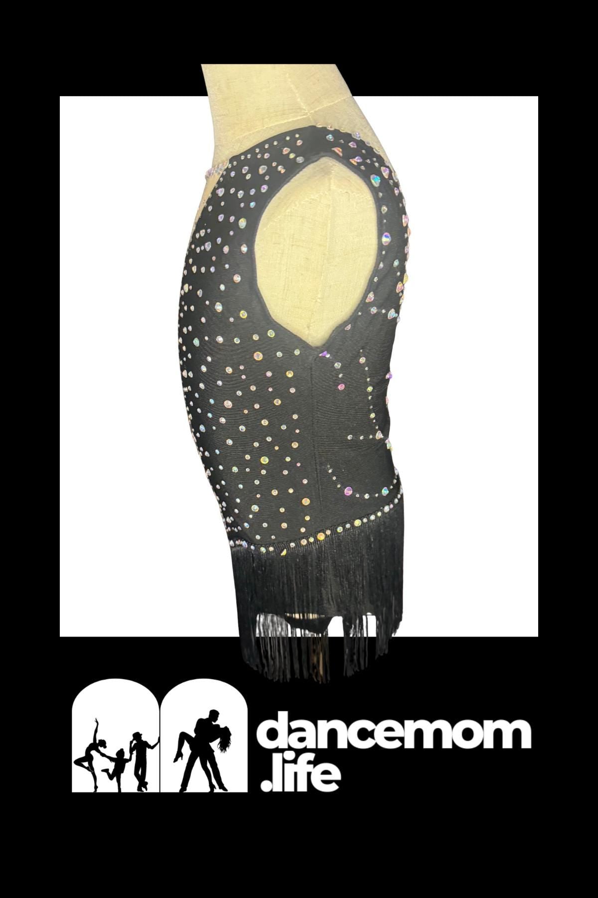 Dance Costume Leotard | AB Rhinestone Fringe | Girls Size 8 | Latin Jazz Performance - "Black Ice"