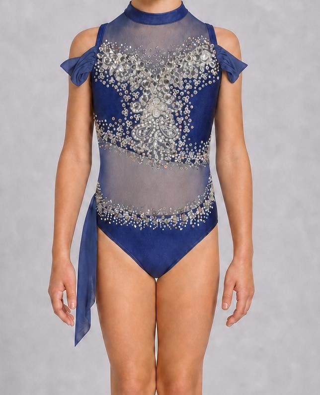 Dance Costume Leotard | Rhinestone Crystal Bodice | Girls Size 6 | Jazz Lyrical Performance - "Blue Diamanté"