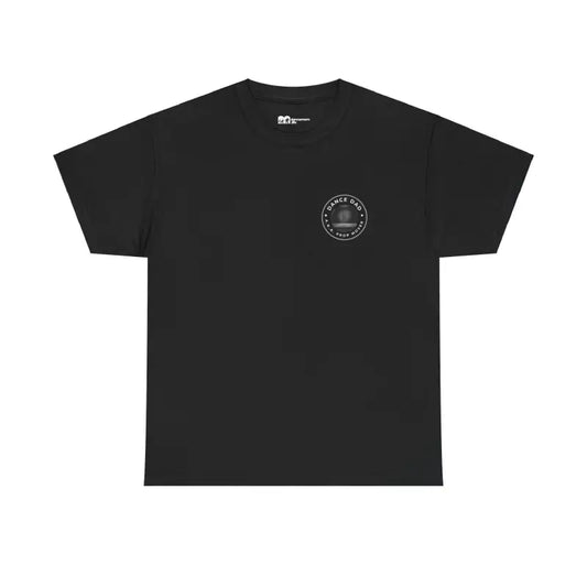 Black t-shirt with a small circular logo on the chest.