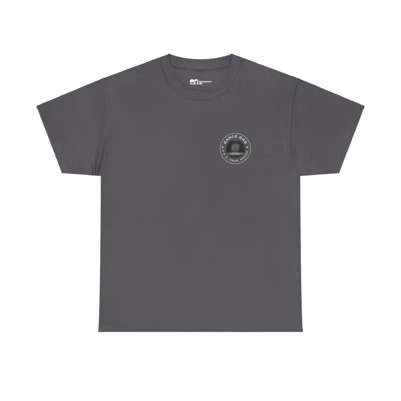 Gray t-shirt with a small circular logo on the chest.