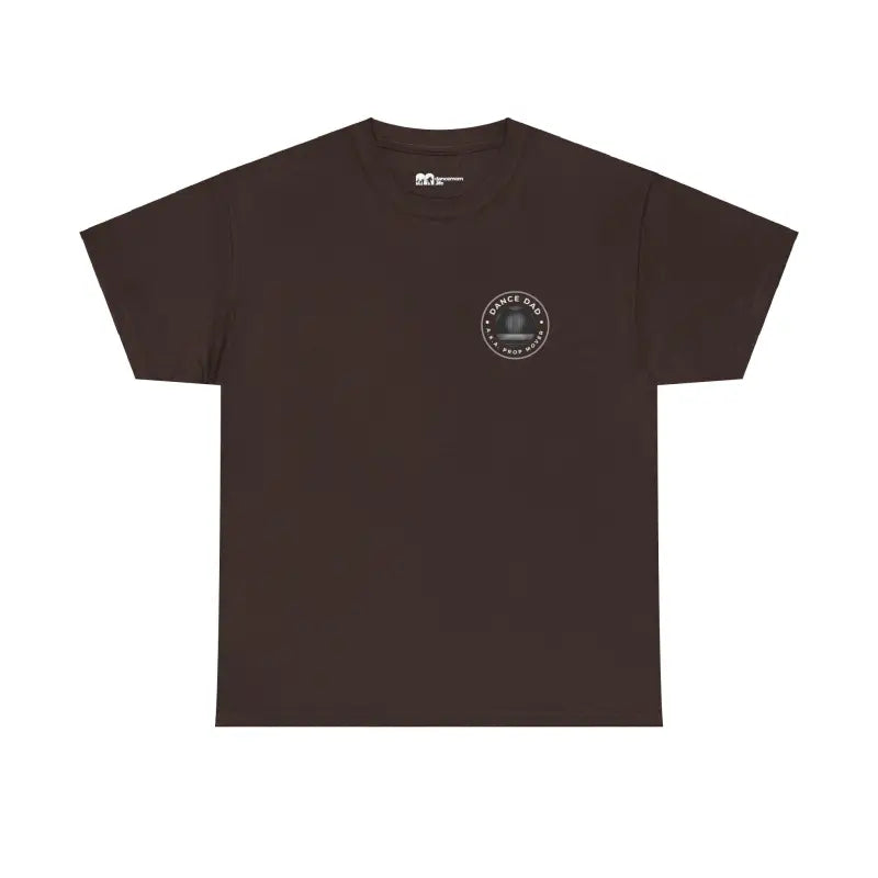 Brown t-shirt with a small circular logo on the chest.