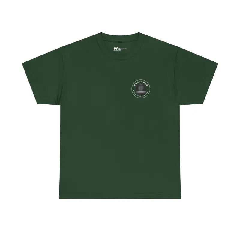 Dark green t-shirt with a small circular logo on the chest.
