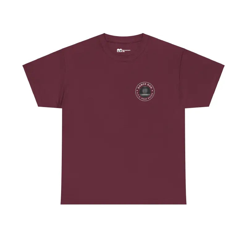 Burgundy t-shirt with a small circular logo on the chest.