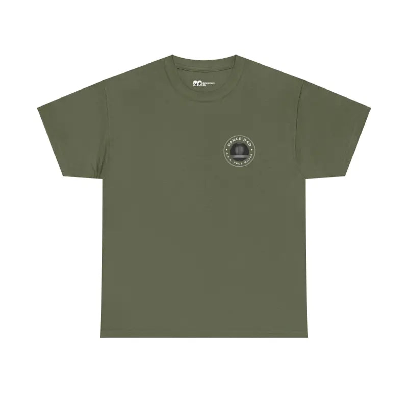 Olive green t-shirt with a small circular logo on the chest.